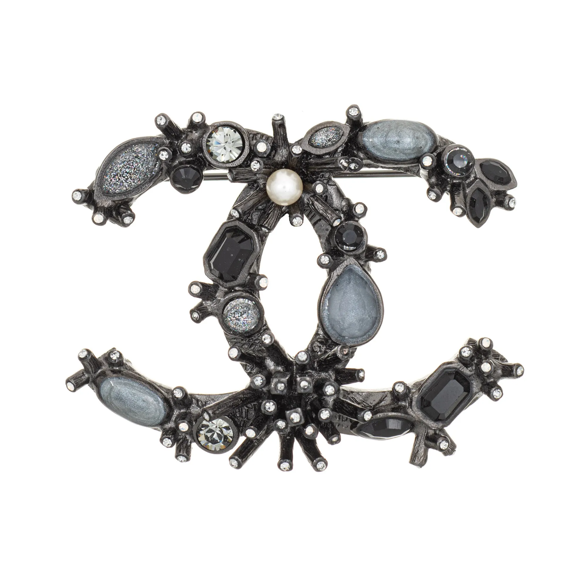 Chanel Black Crystal Brooch c2012 Abstract Gothic Black Tone