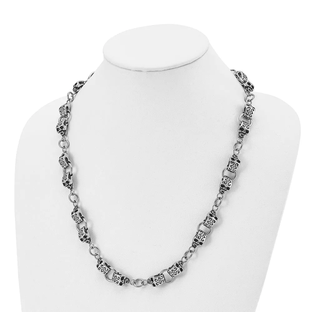 Chisel Stainless Steel Antiqued and Polished Skull 24 inch Necklace