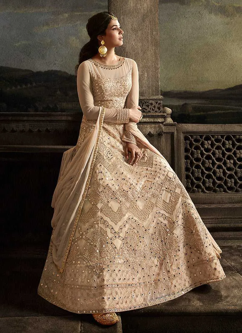 Cream Floral Embroidered Heavy Anarkali Suit