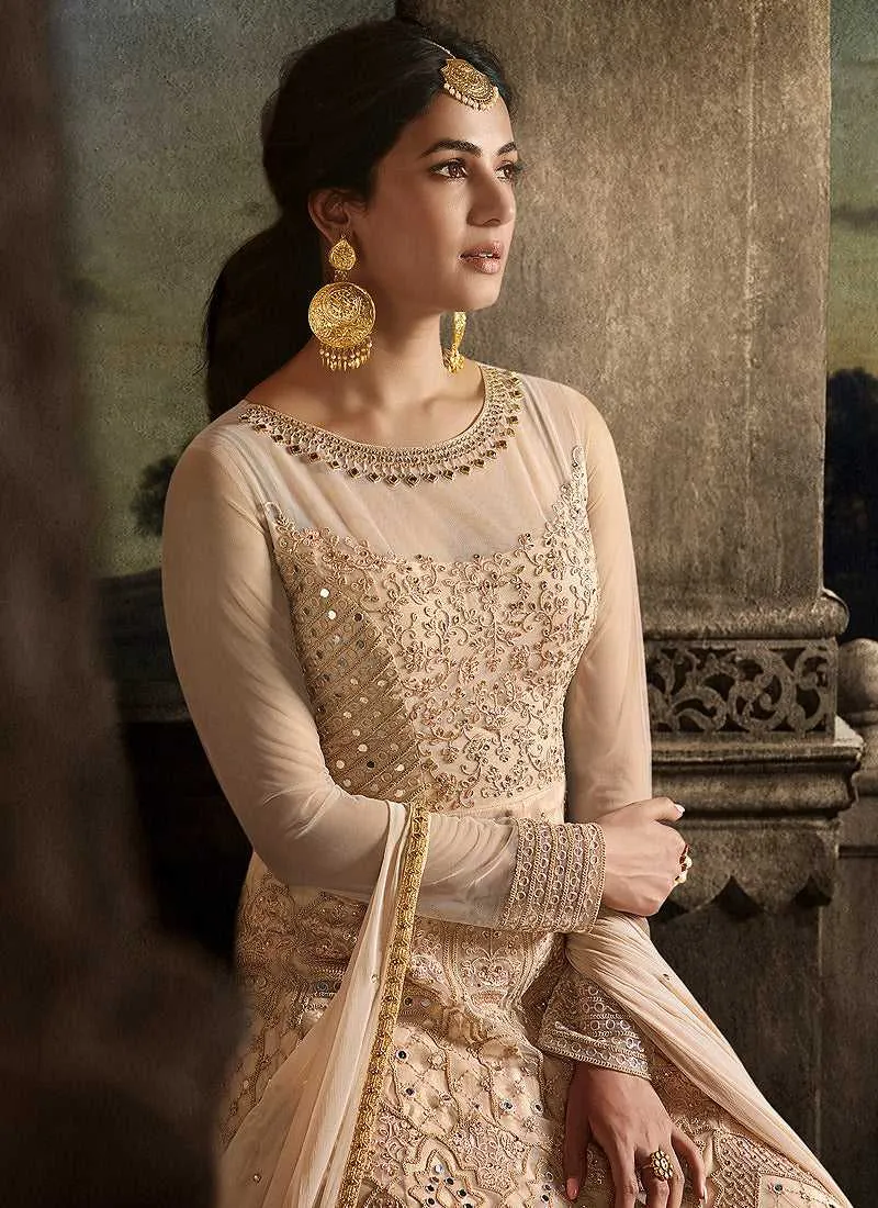 Cream Floral Embroidered Heavy Anarkali Suit