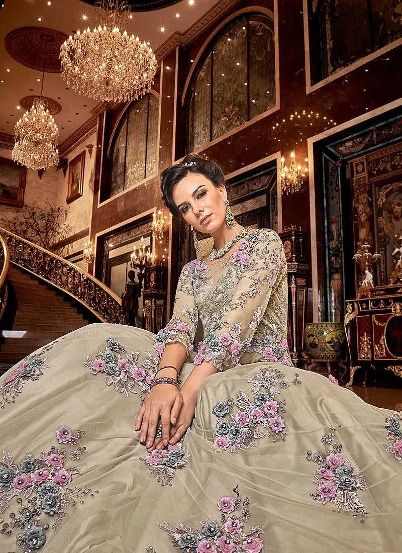 Cream Floral Pink buds Embroidered Anarkali