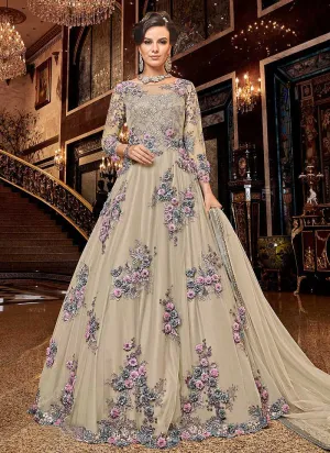 Cream Floral Pink buds Embroidered Anarkali
