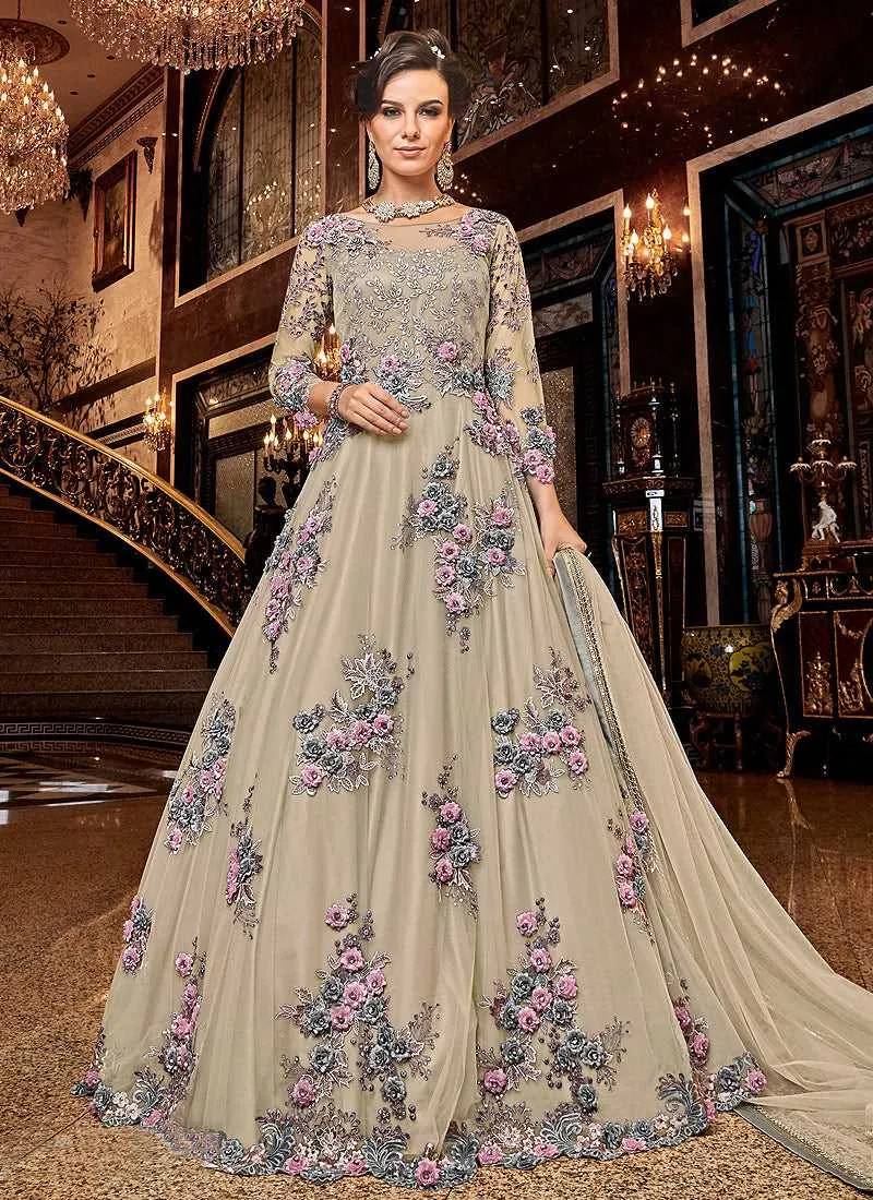 Cream Floral Pink buds Embroidered Anarkali