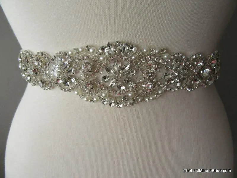 Crystal, Rhinestone & Pearl Bridal Belt Style: Miami, 17 inches