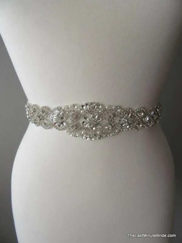 Crystal, Rhinestone & Pearl Bridal Belt Style: Miami, 17 inches