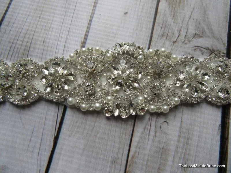 Crystal, Rhinestone & Pearl Bridal Belt Style: Miami, 17 inches