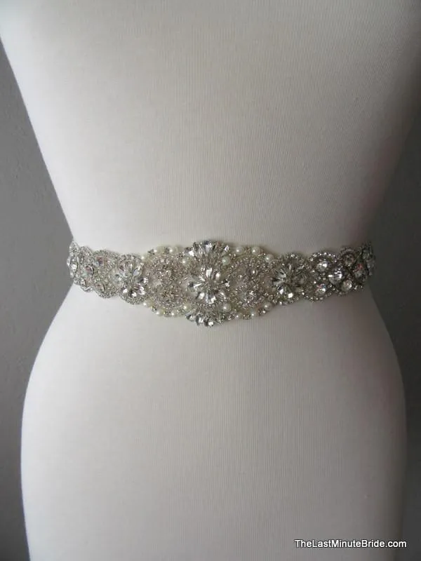 Crystal, Rhinestone & Pearl Bridal Belt Style: Miami, 33 inches