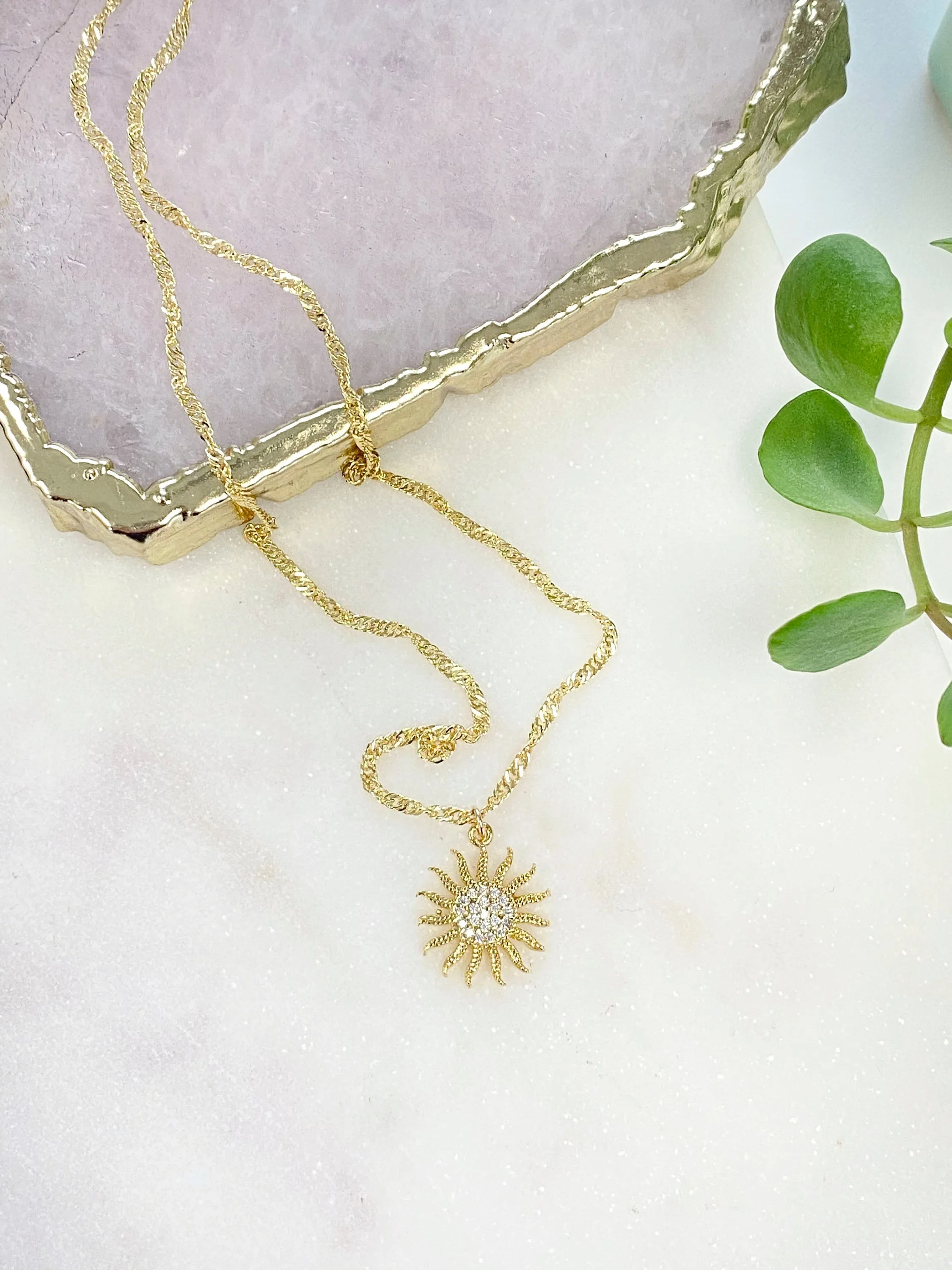 Cubic Zirconia Micro Pave Sun Necklace