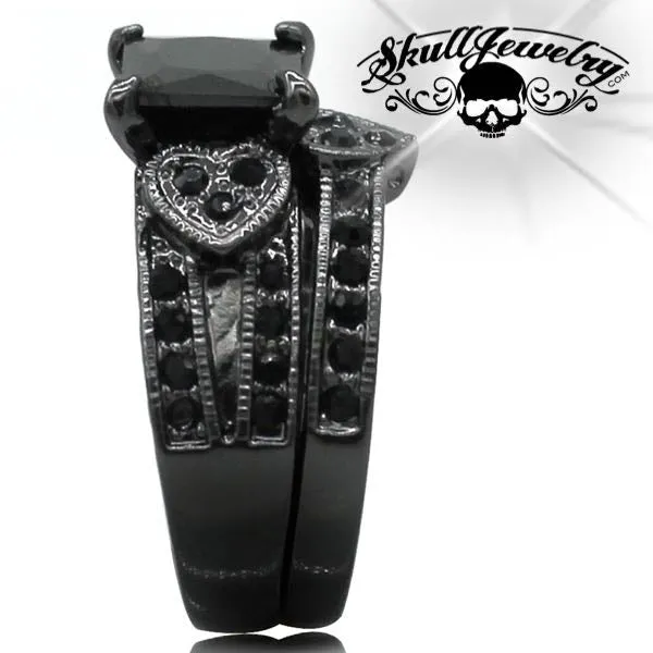 'Cuori Neri' Black Hearts 2 Ring Wedding/Engagement Rings (w030)