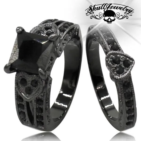 'Cuori Neri' Black Hearts 2 Ring Wedding/Engagement Rings (w030)