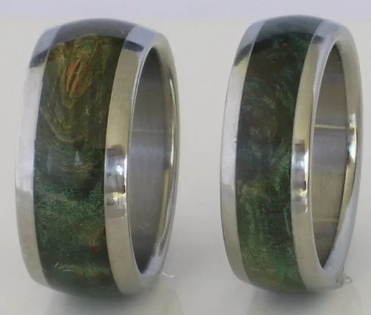 Custom TUNGSTEN Wedding Set Inlaid with Green Maple Burl Wood Rings Available for men and women in sizes 4-18