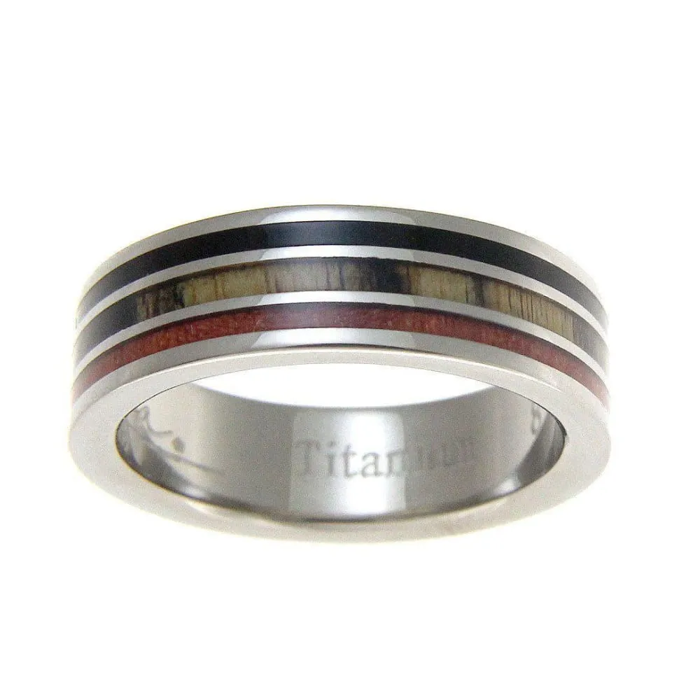 Dalton Genuine Titanium Wedding Band Pink Ivory Wood, Ebony & Cocobolo Inlay - 6mm