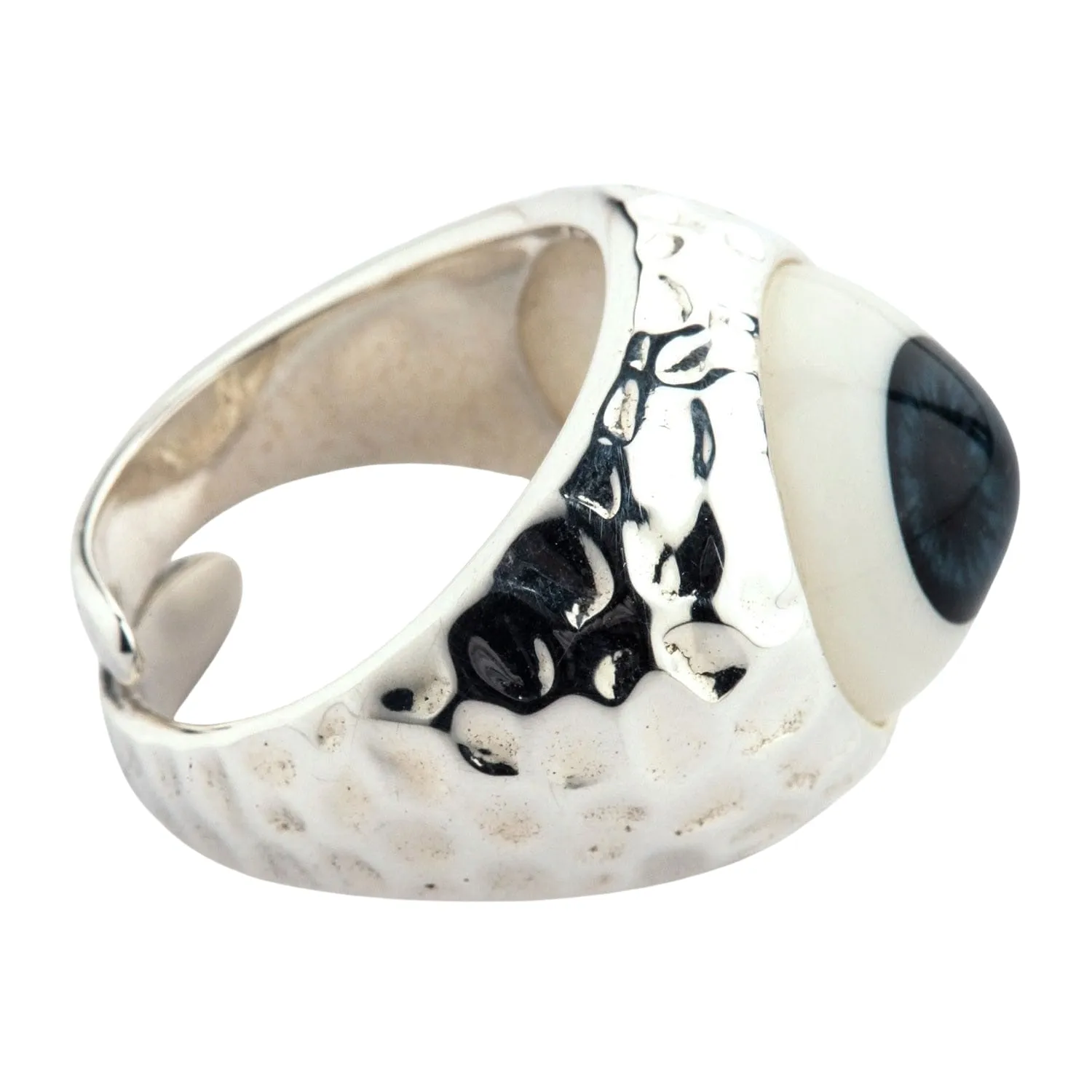 Dark Blue Evil Eyeball Sterling Silver Adjustable Size Ring
