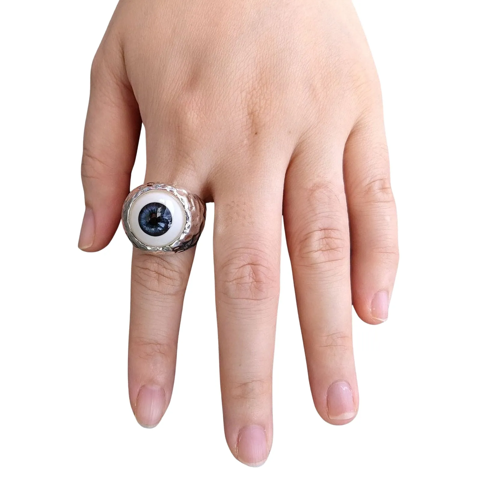Dark Blue Evil Eyeball Sterling Silver Adjustable Size Ring