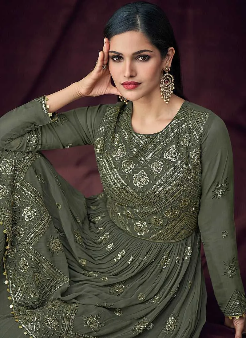 Dark Green and Gold Embroidered Anarkali Style Lehenga