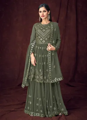 Dark Green and Gold Embroidered Anarkali Style Lehenga