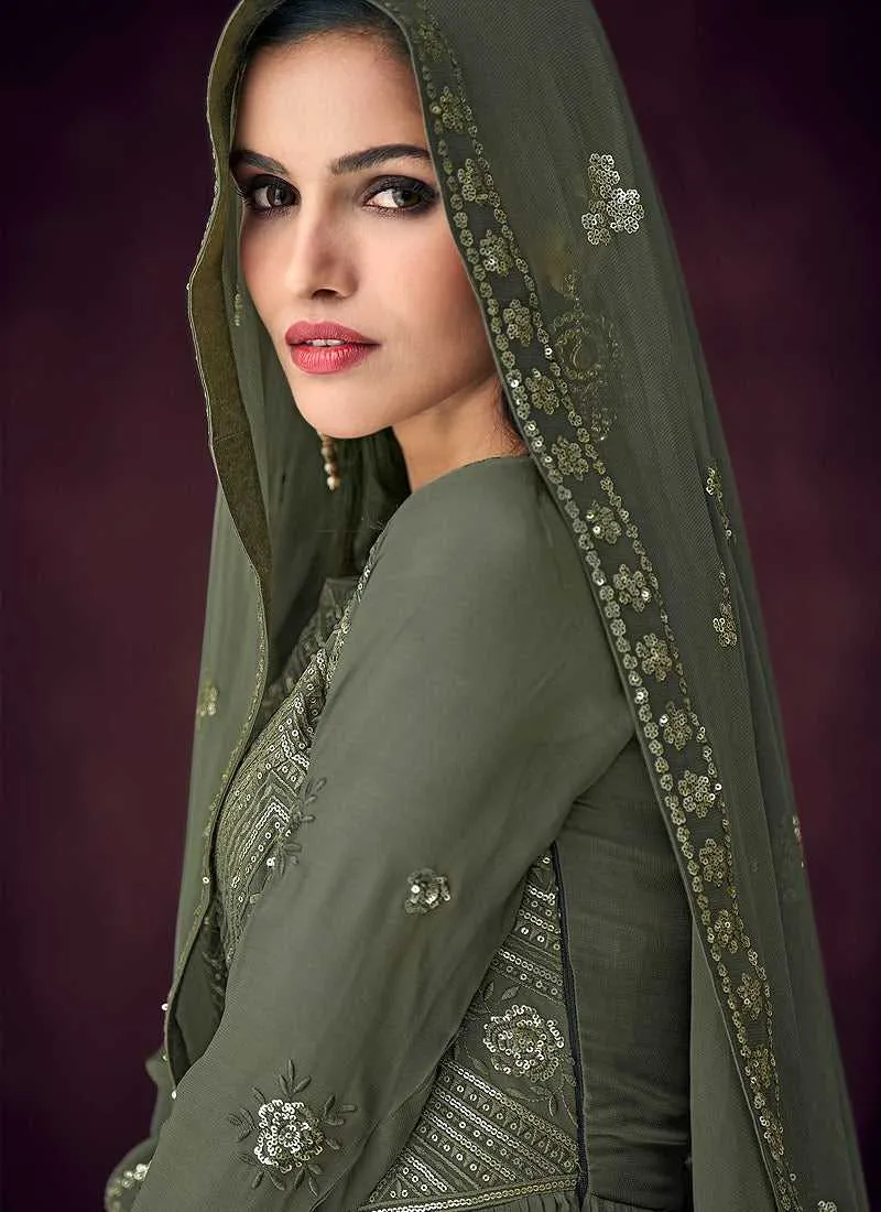 Dark Green and Gold Embroidered Anarkali Style Lehenga