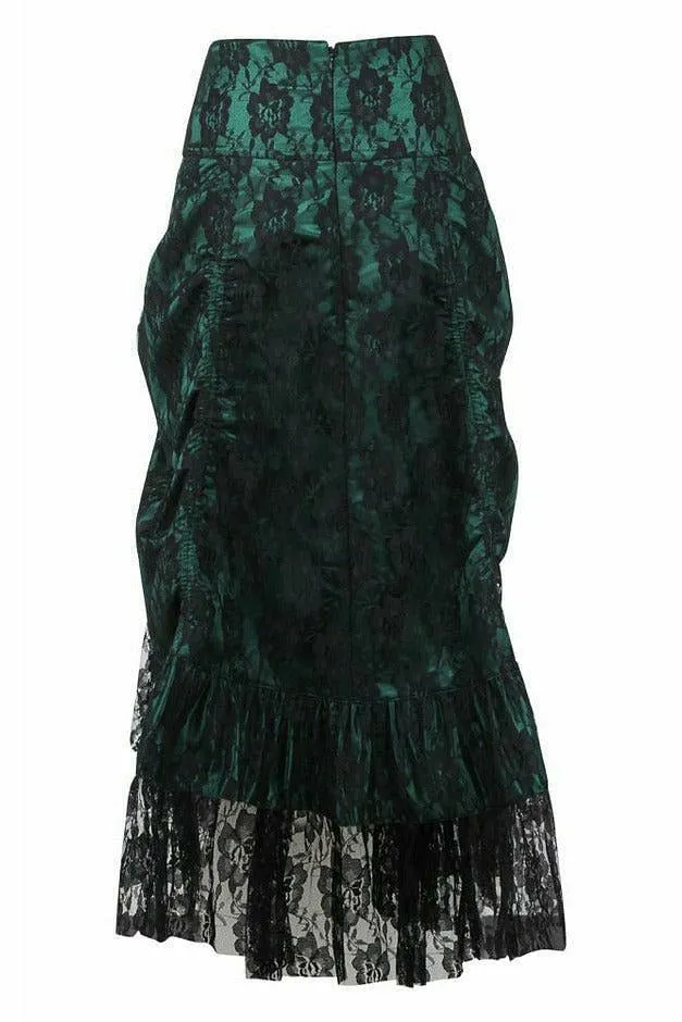 Dark Green w/Black Lace Overlay Ruched Bustle Skirt