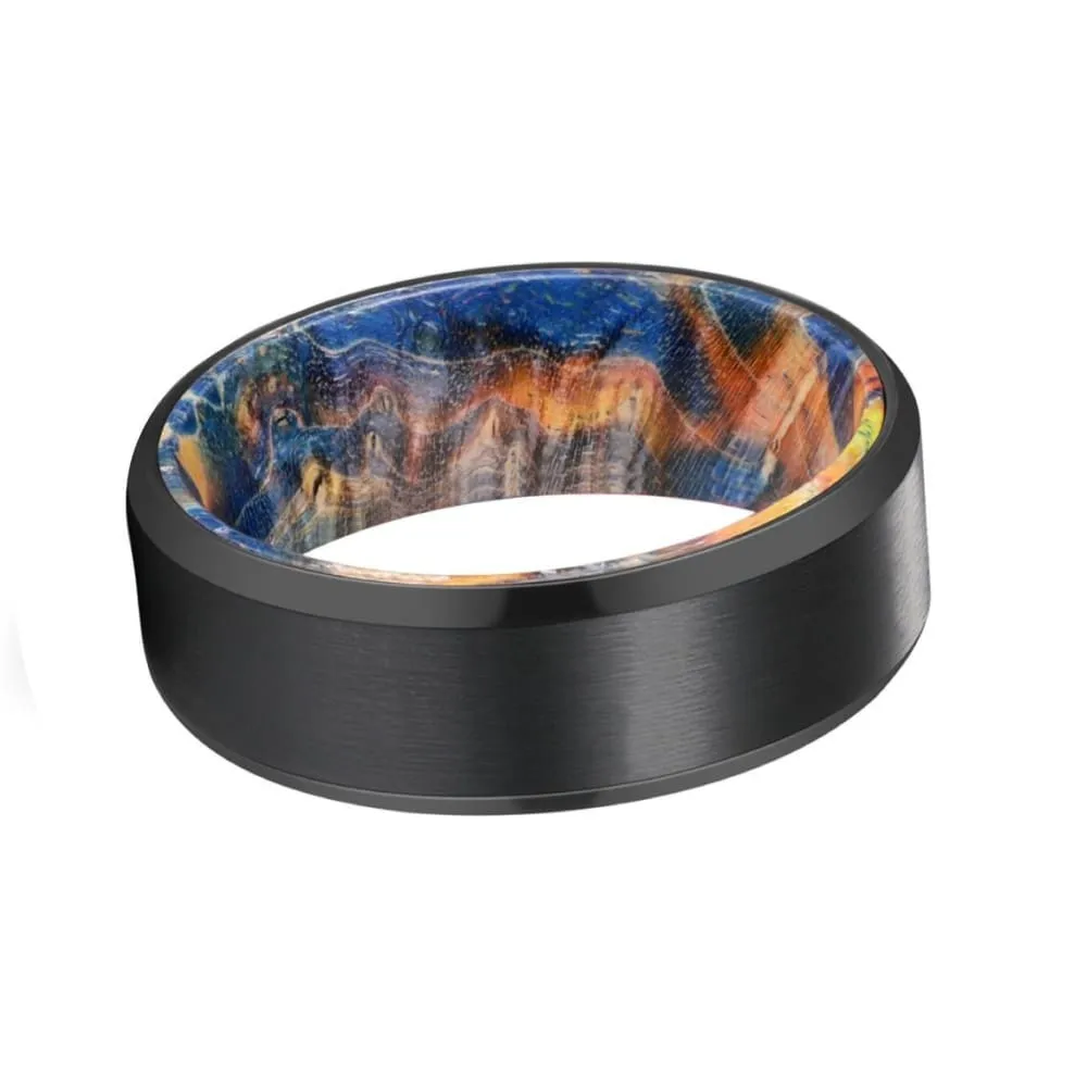 DIOR Men's Black Tungsten Carbide Ring with Blue & Yellow Box Elder Wood Sleeve