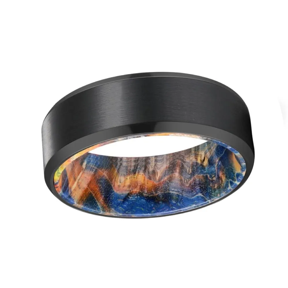 DIOR Men's Black Tungsten Carbide Ring with Blue & Yellow Box Elder Wood Sleeve