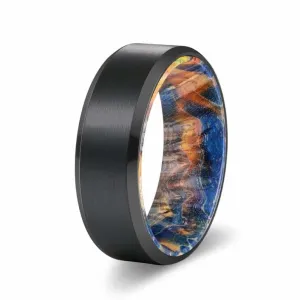 DIOR Men's Black Tungsten Carbide Ring with Blue & Yellow Box Elder Wood Sleeve