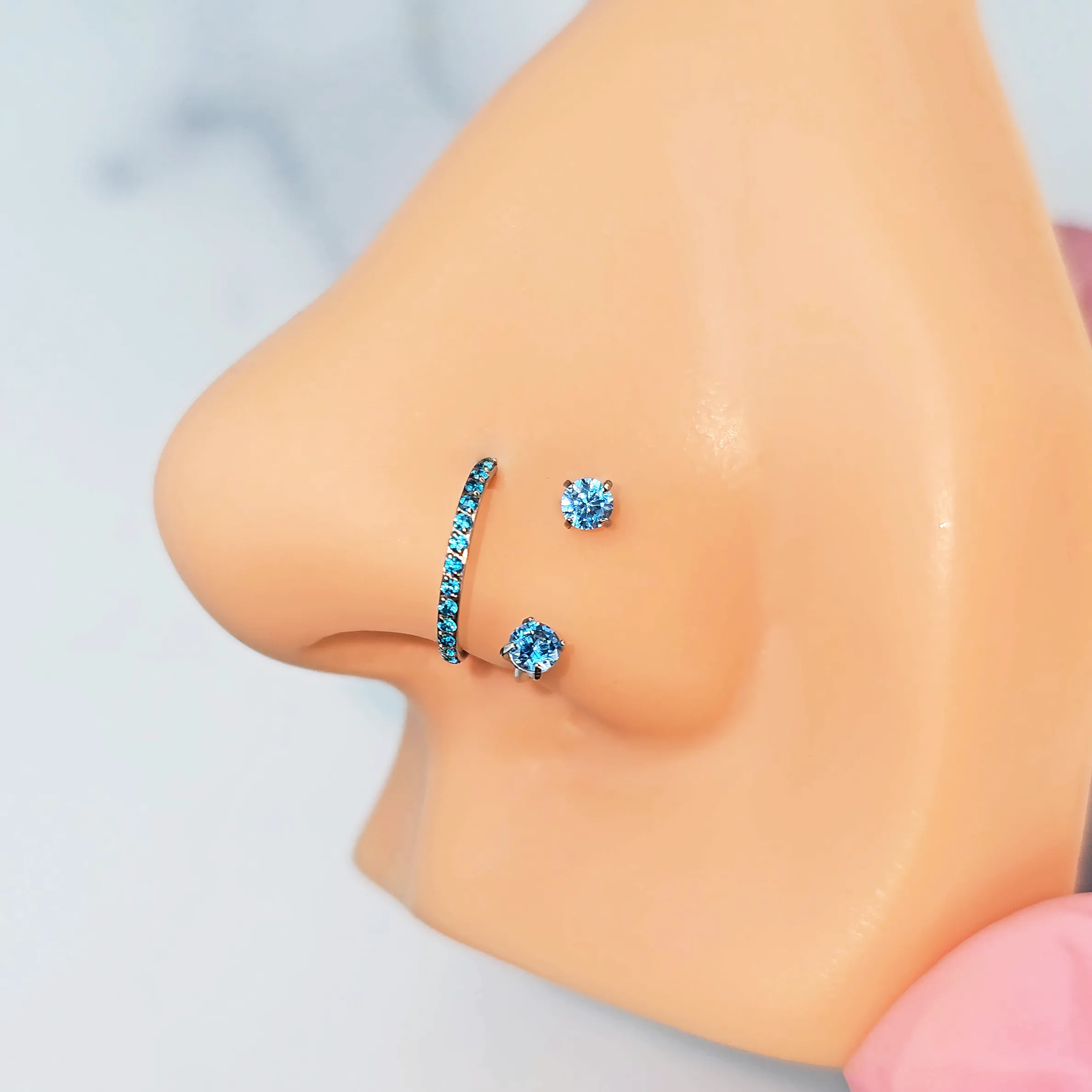 Double Gem U Hoop Titanium Mircro Gem Hoop Double Piercing Nose Ring Pack