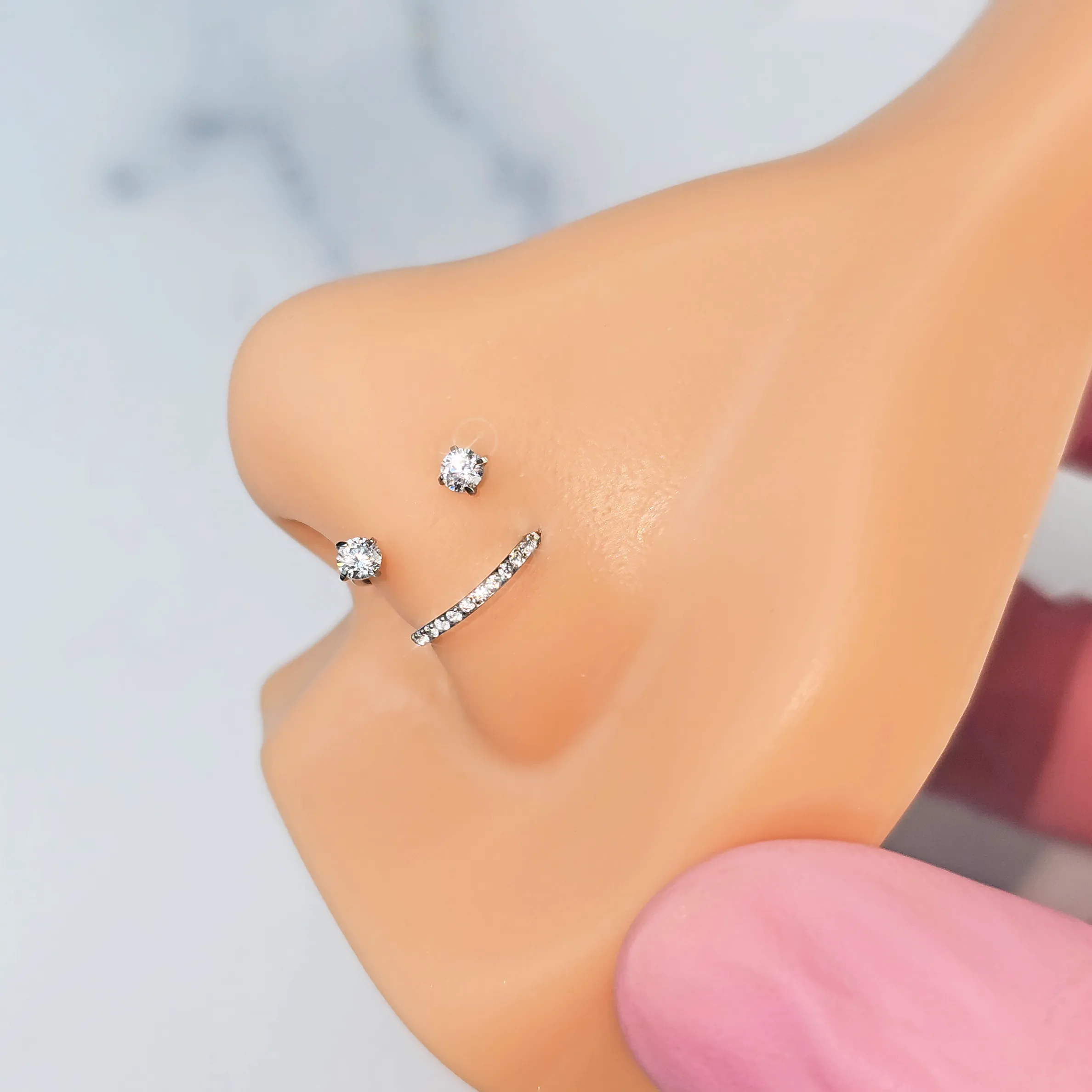 Double Gem U Hoop Titanium Mircro Gem Hoop Double Piercing Nose Ring Pack