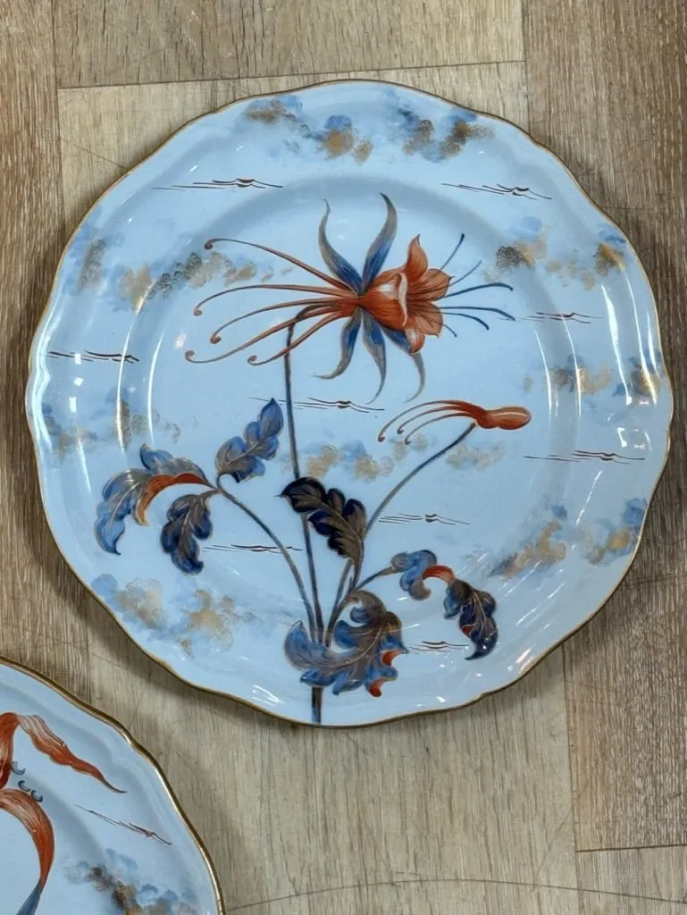 Emile Galle floral plates, c. 1880, set of three