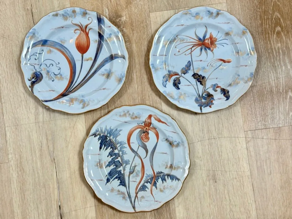 Emile Galle floral plates, c. 1880, set of three