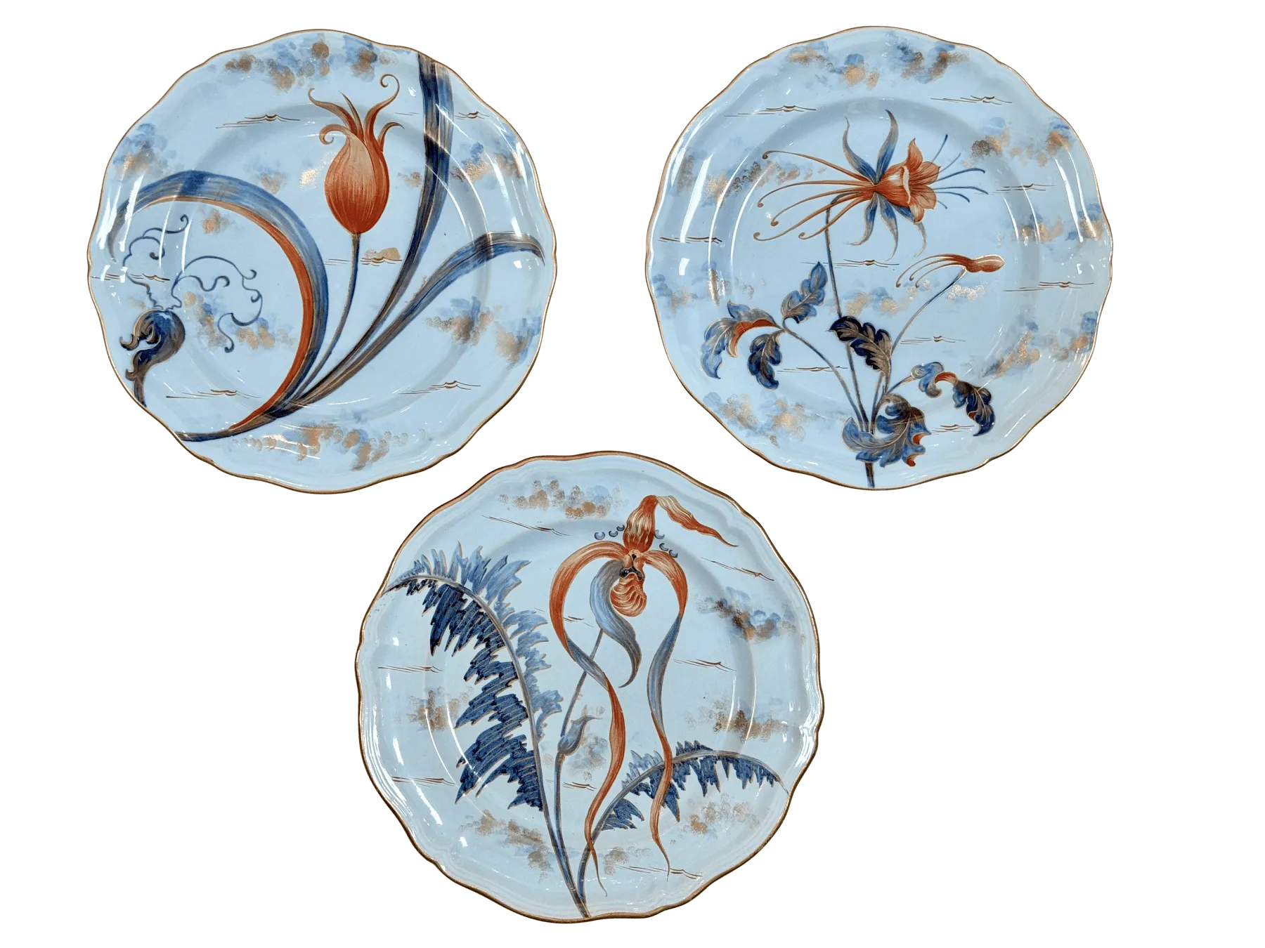 Emile Galle floral plates, c. 1880, set of three