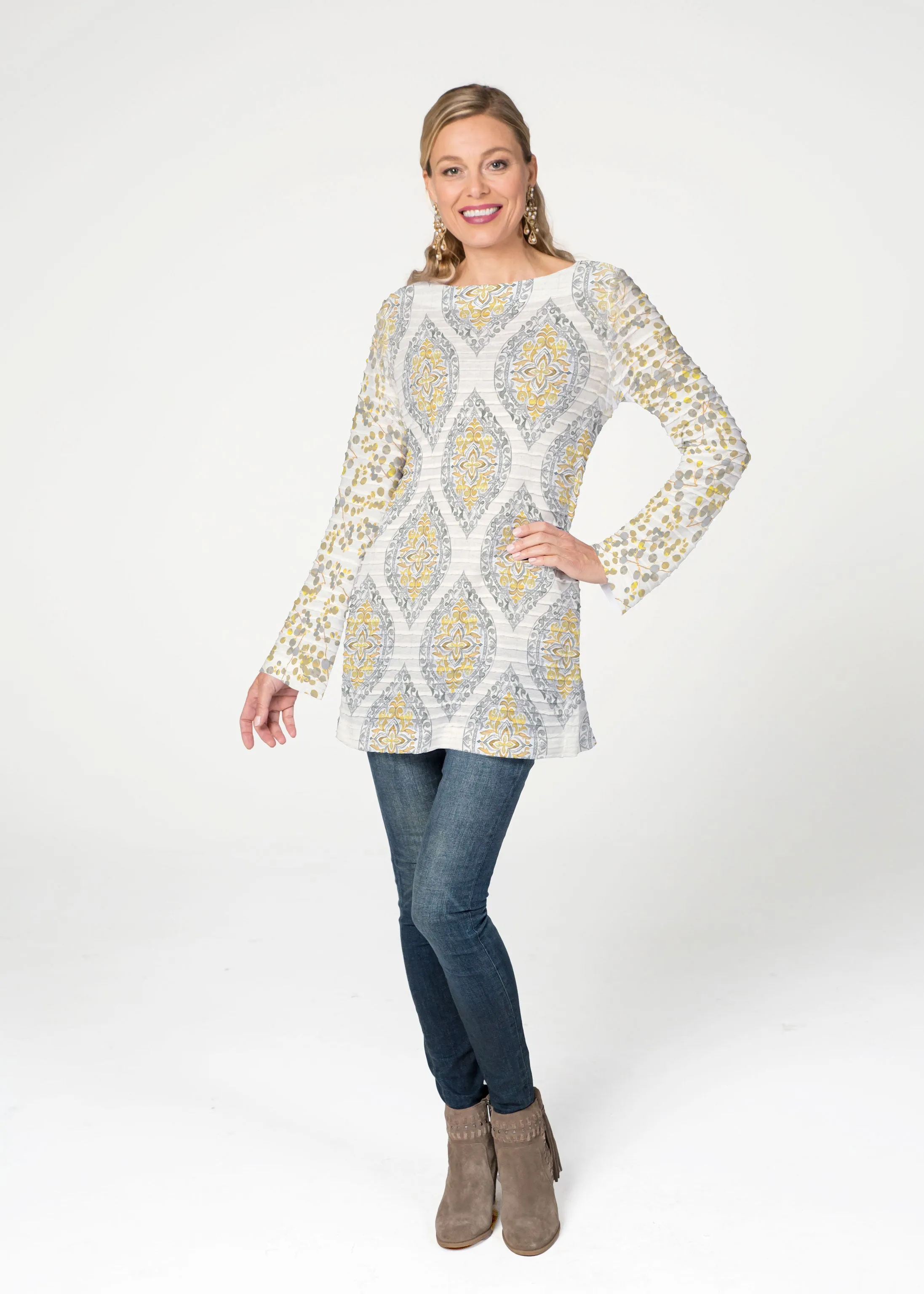 Etched Motif (8014) ~ Banded Boatneck Tunic