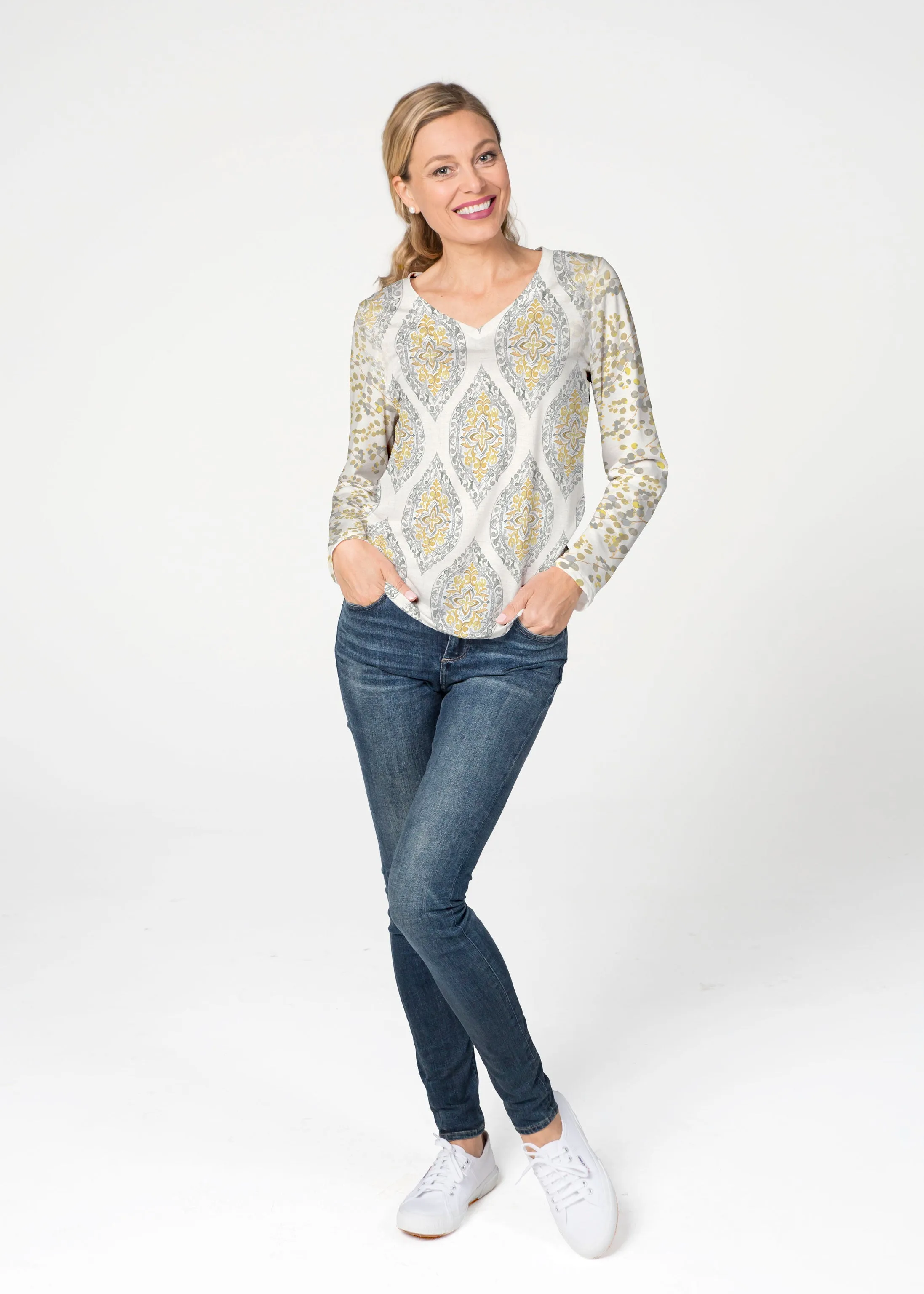 Etched Motif (8014) ~ French Terry V-neck Top