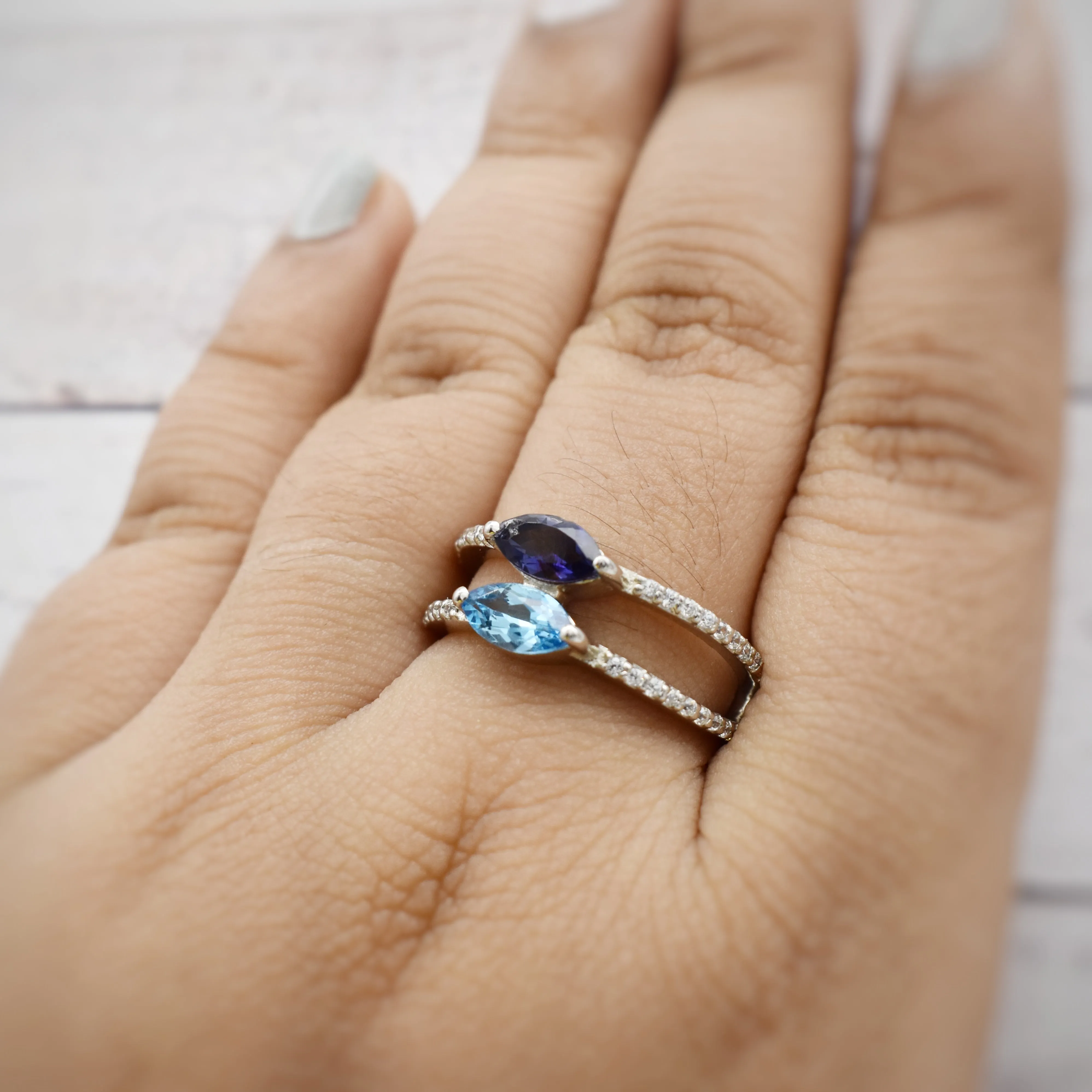 Exquisite Sky blue topaz| Iolite| CZ Double layer Ring| 14k white gold plated| 925 sterling silver|