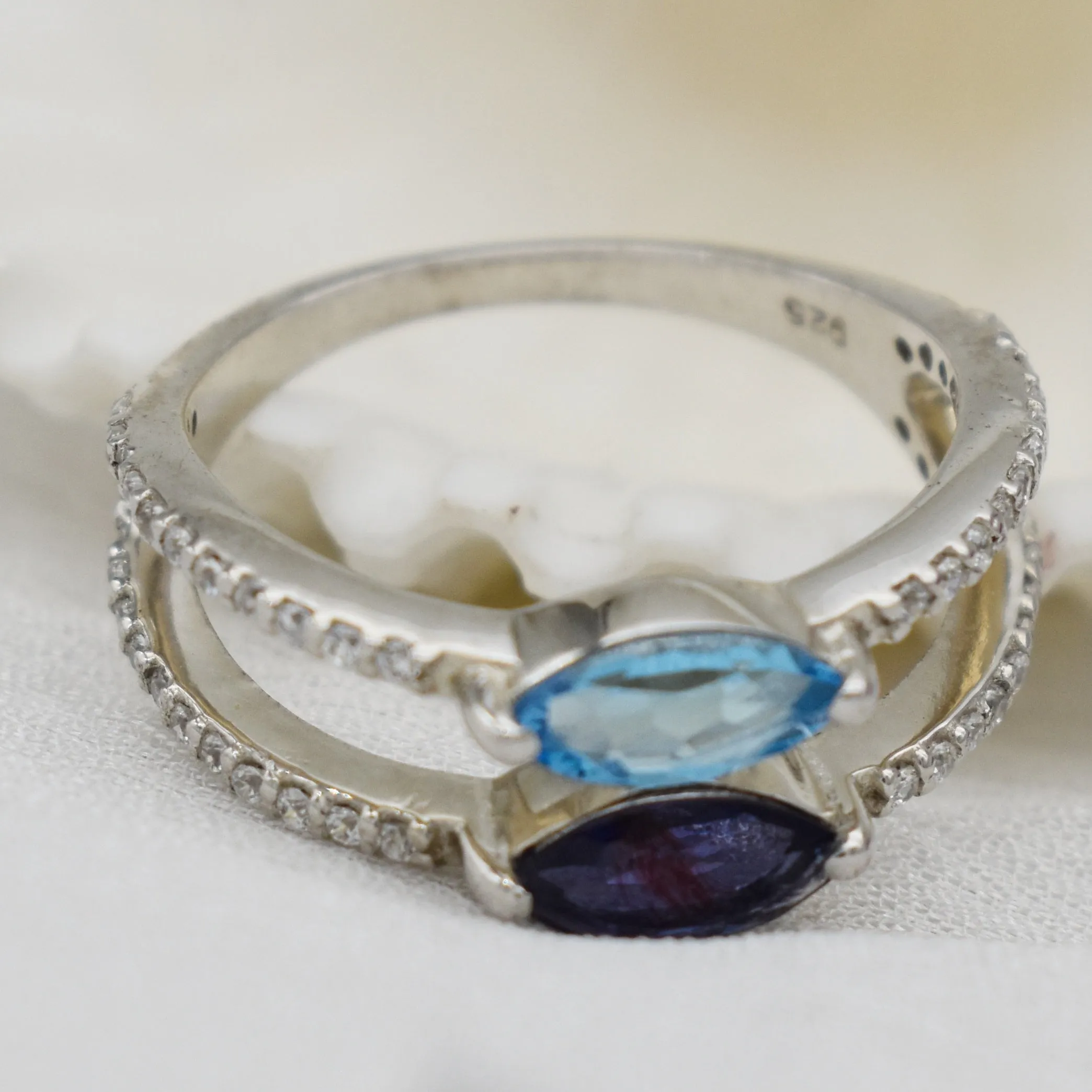 Exquisite Sky blue topaz| Iolite| CZ Double layer Ring| 14k white gold plated| 925 sterling silver|