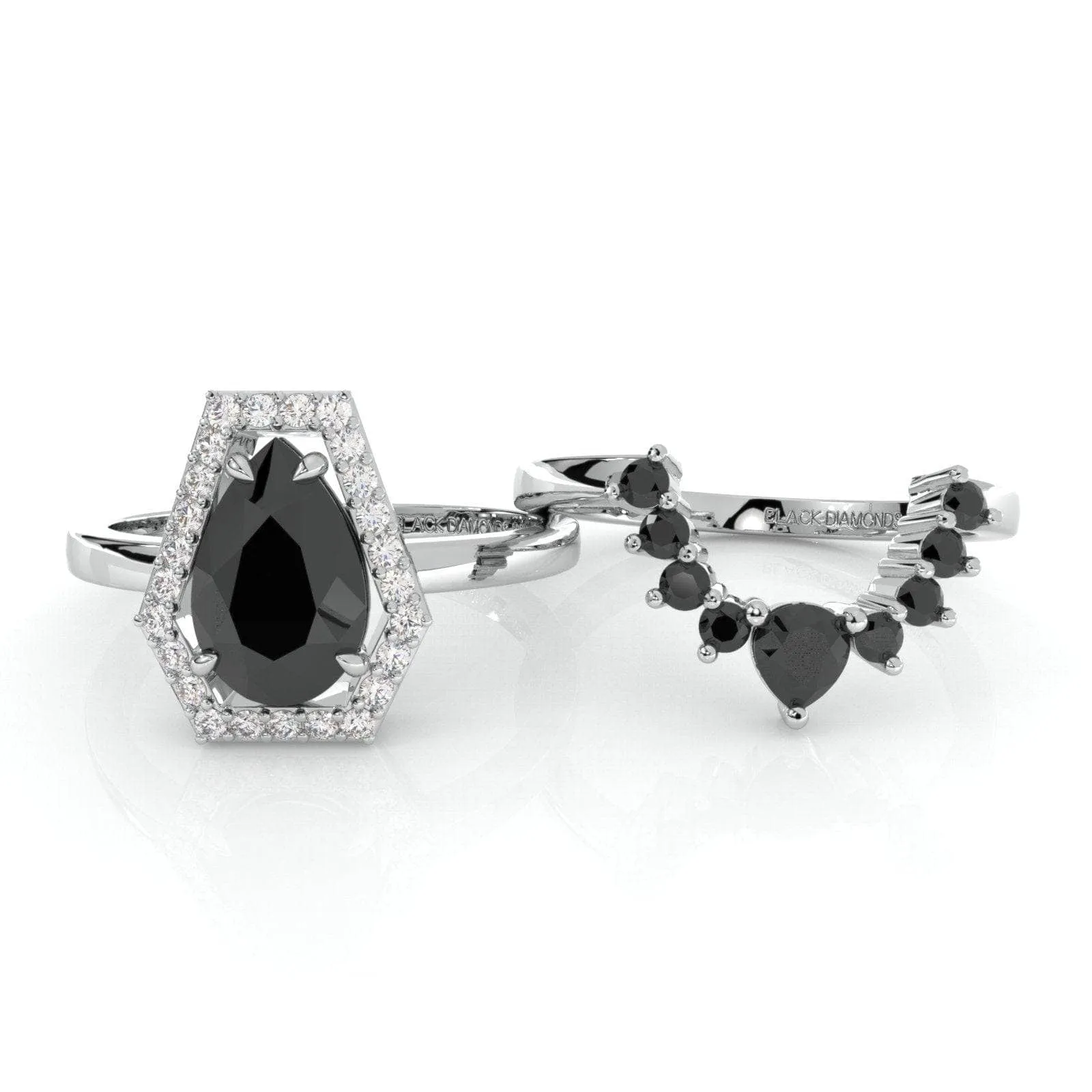 Faithfulness-1ct Black Pear Cut Diamond 14K White Gold Coffin Ring Set