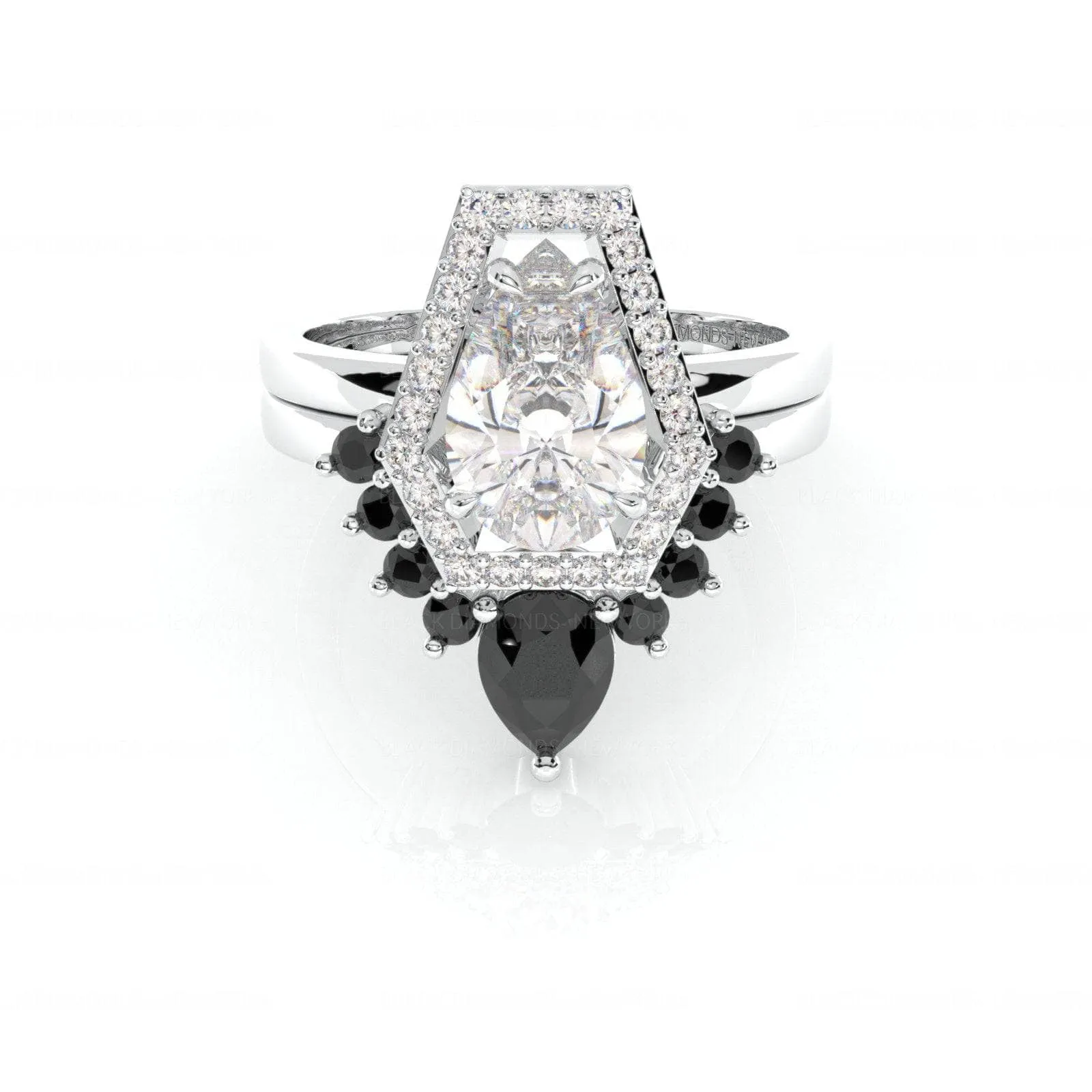 Faithfulness-1ct Black Pear Cut Diamond 14K White Gold Coffin Ring Set