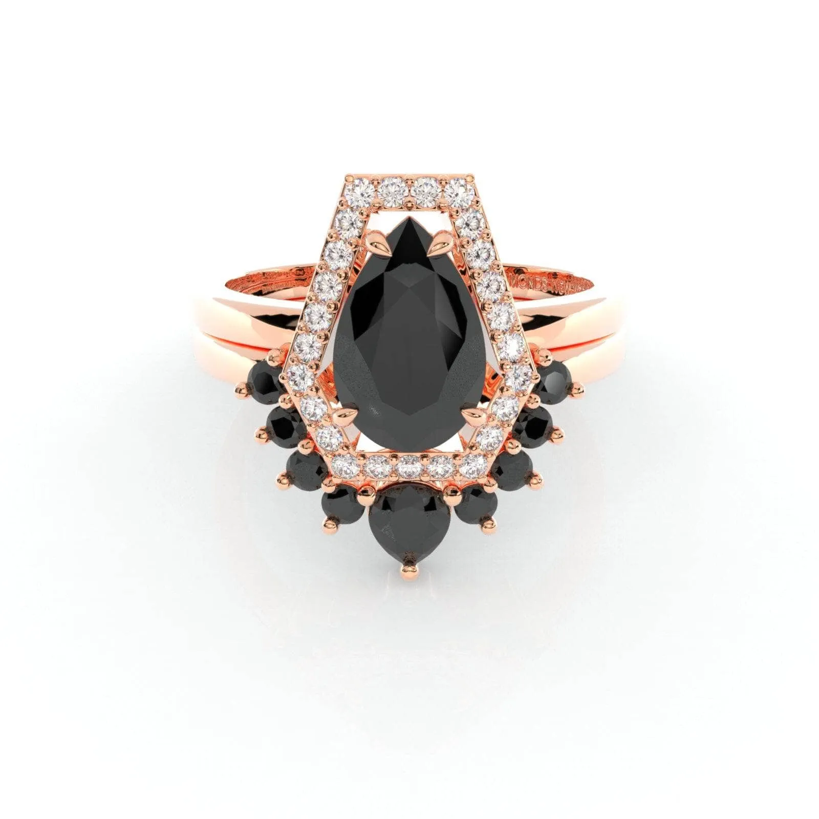 Faithfulness-1ct Black Pear Cut Diamond 14K White Gold Coffin Ring Set