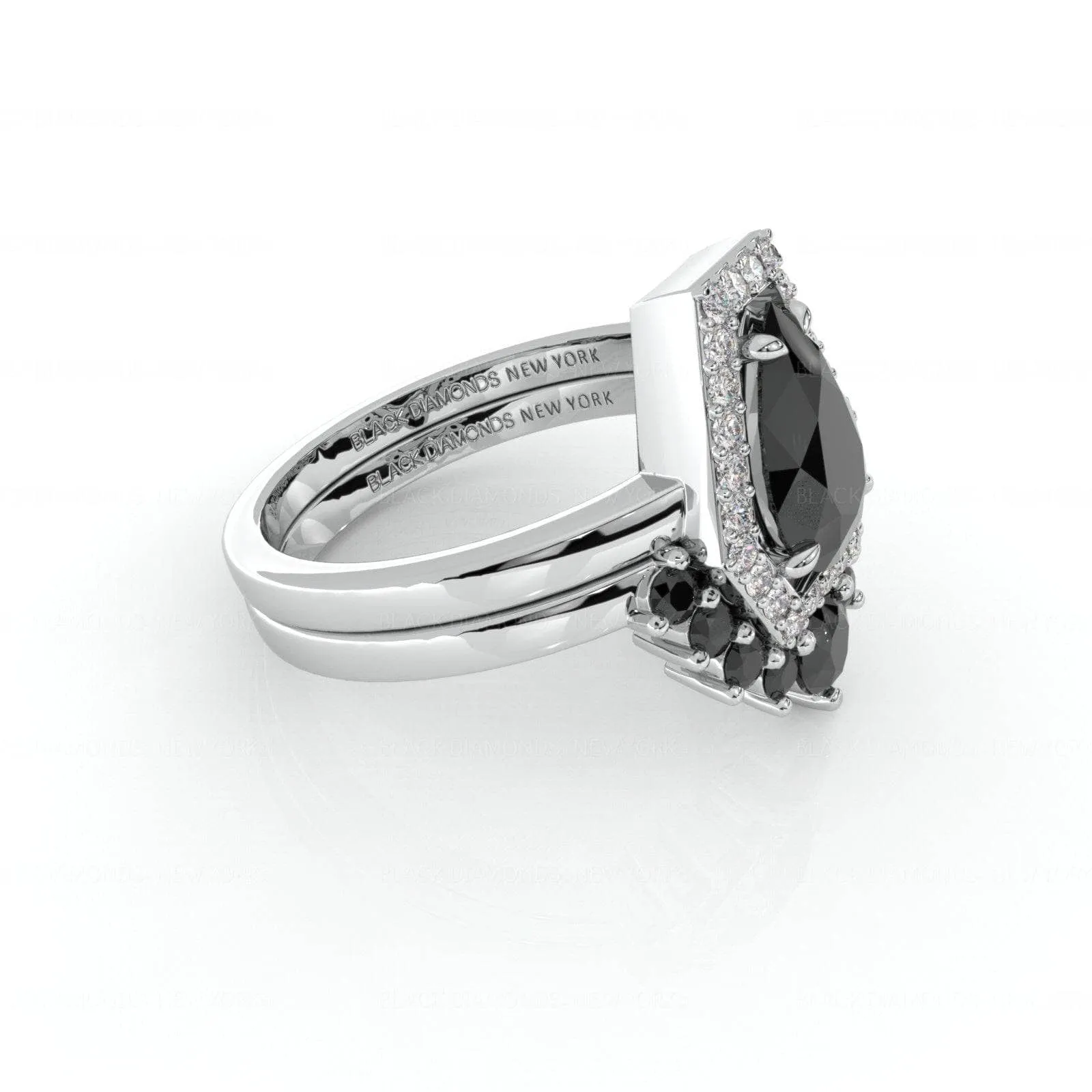 Faithfulness-1ct Black Pear Cut Diamond 14K White Gold Coffin Ring Set
