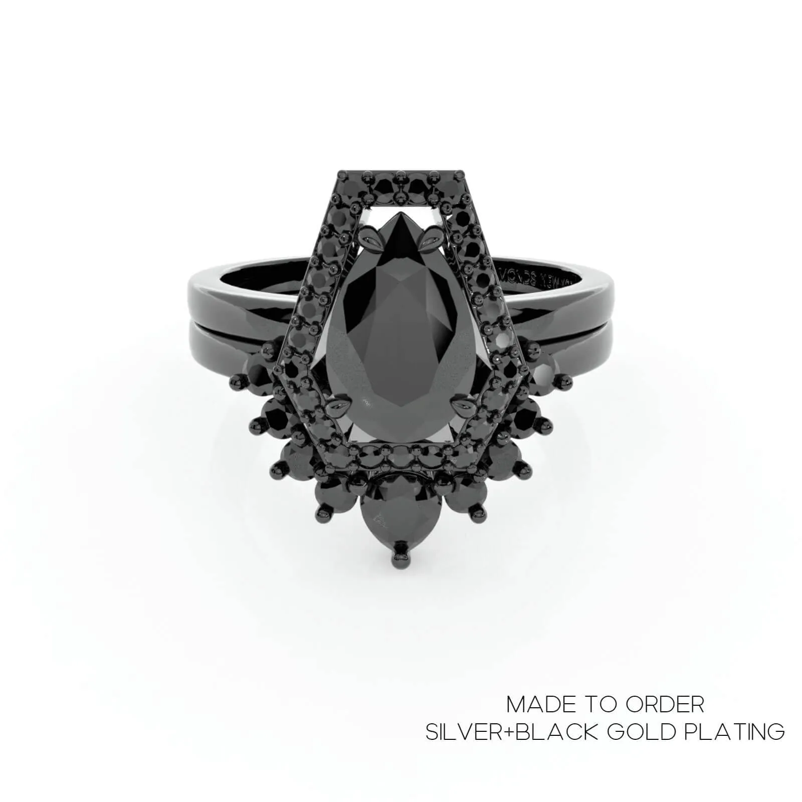 Faithfulness-1ct Black Pear Cut Diamond 14K White Gold Coffin Ring Set