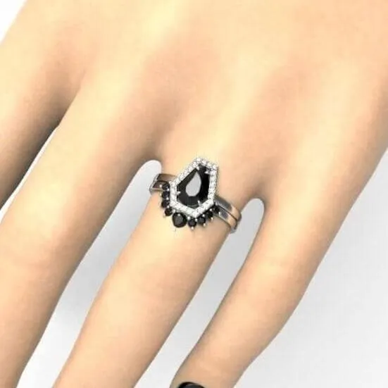 Faithfulness-1ct Black Pear Cut Diamond 14K White Gold Coffin Ring Set