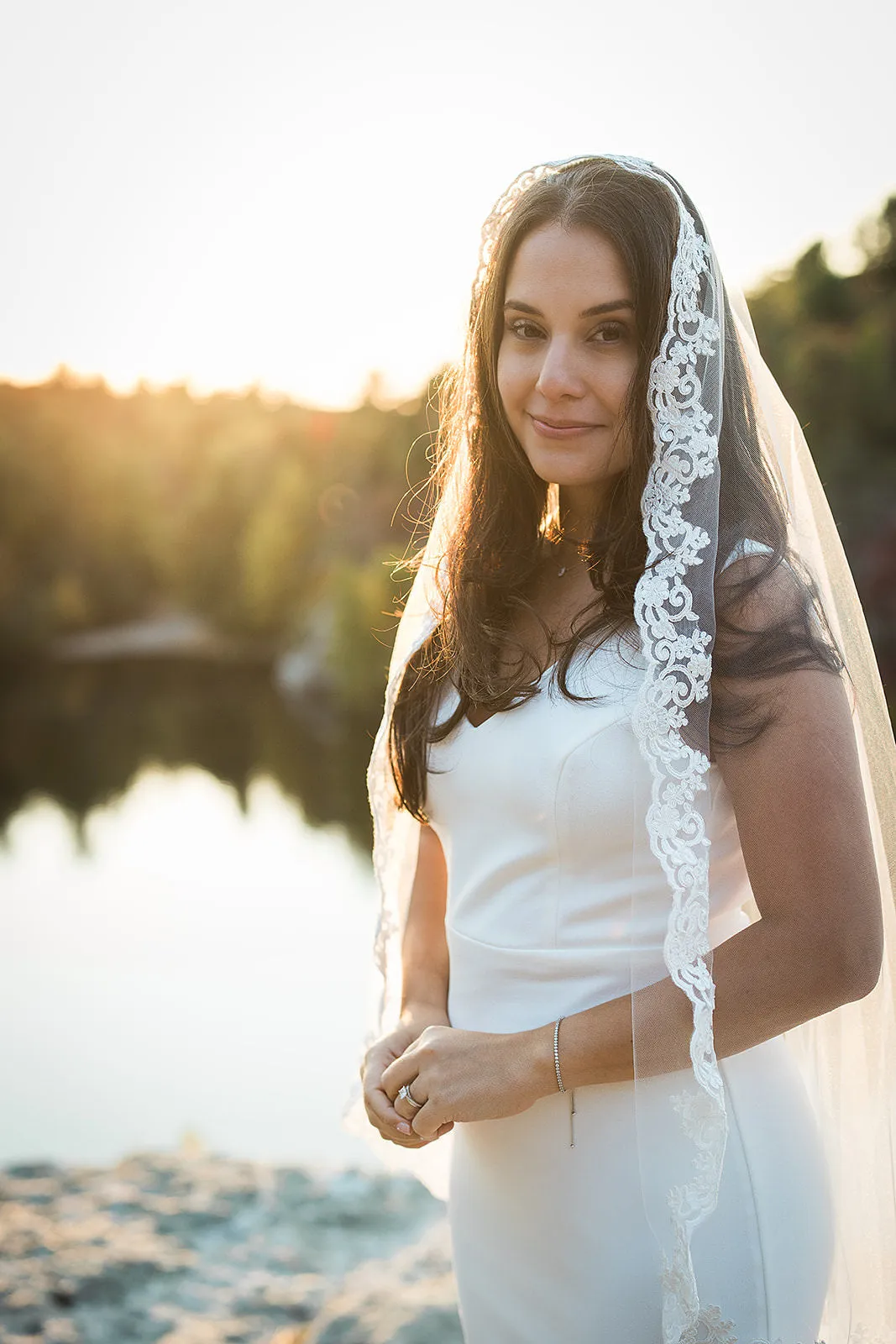 Fingertip Length Mantilla Wedding Veil with Lace Trim, Mid Length Bridal Veil