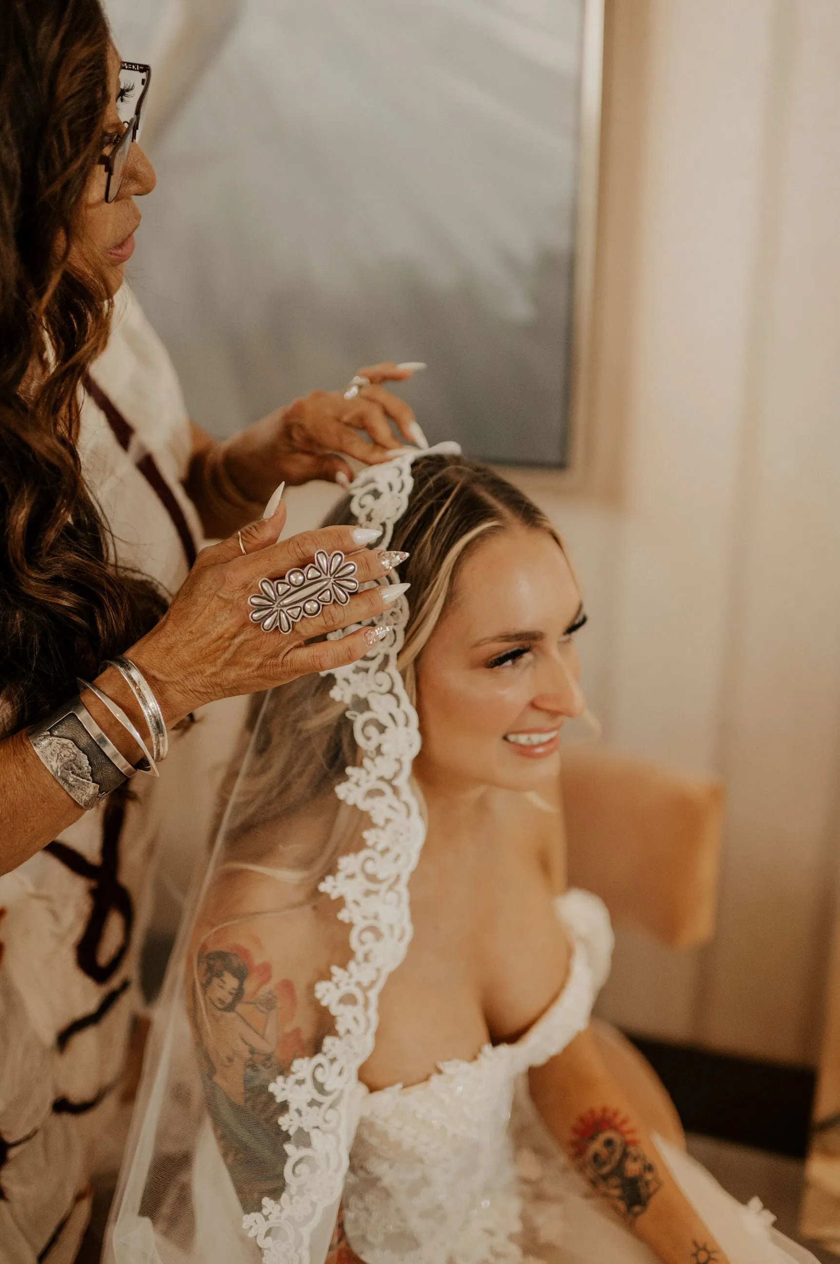 Fingertip Length Mantilla Wedding Veil with Lace Trim, Mid Length Bridal Veil