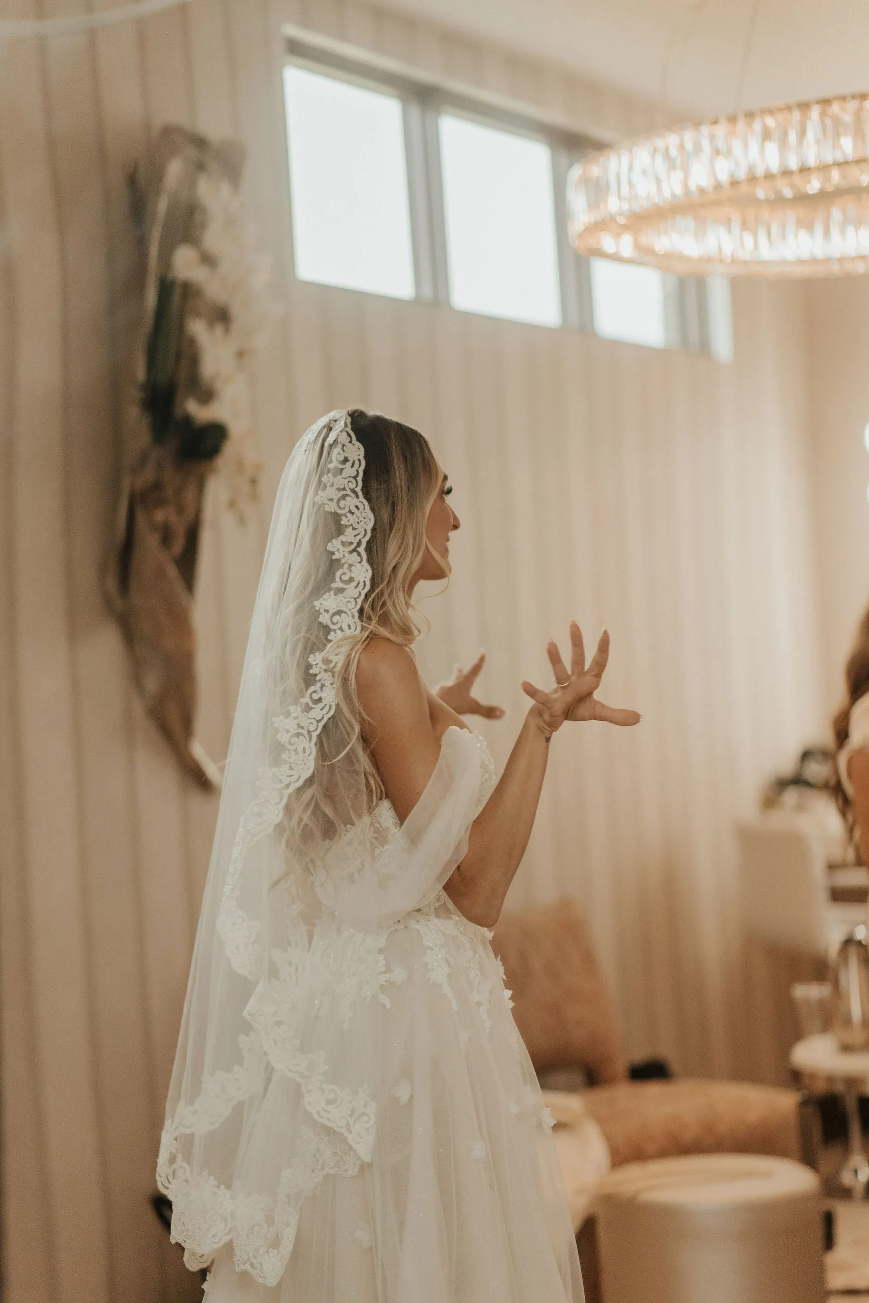 Fingertip Length Mantilla Wedding Veil with Lace Trim, Mid Length Bridal Veil