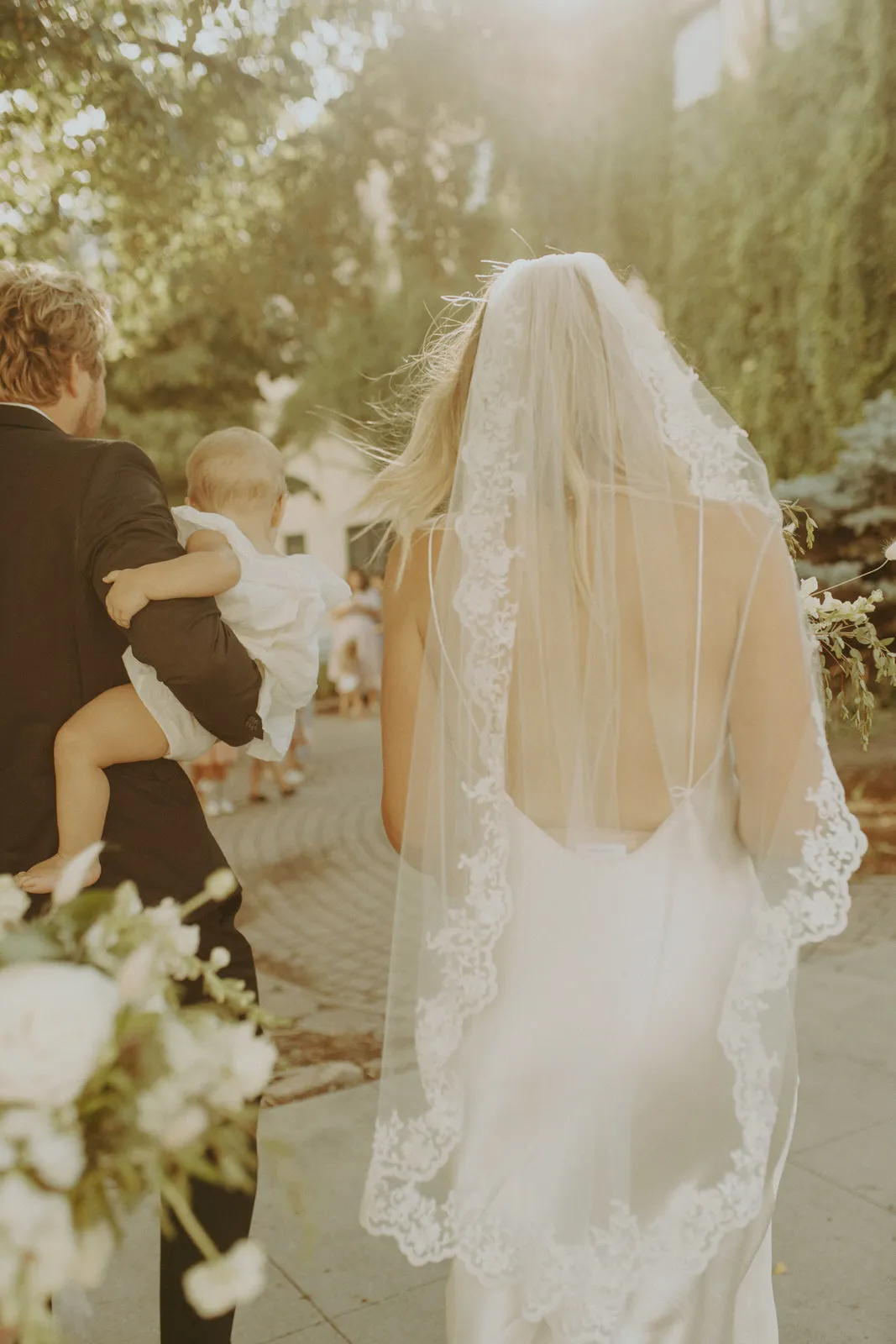 Fingertip Length Mantilla Wedding Veil with Lace Trim, Mid Length Bridal Veil