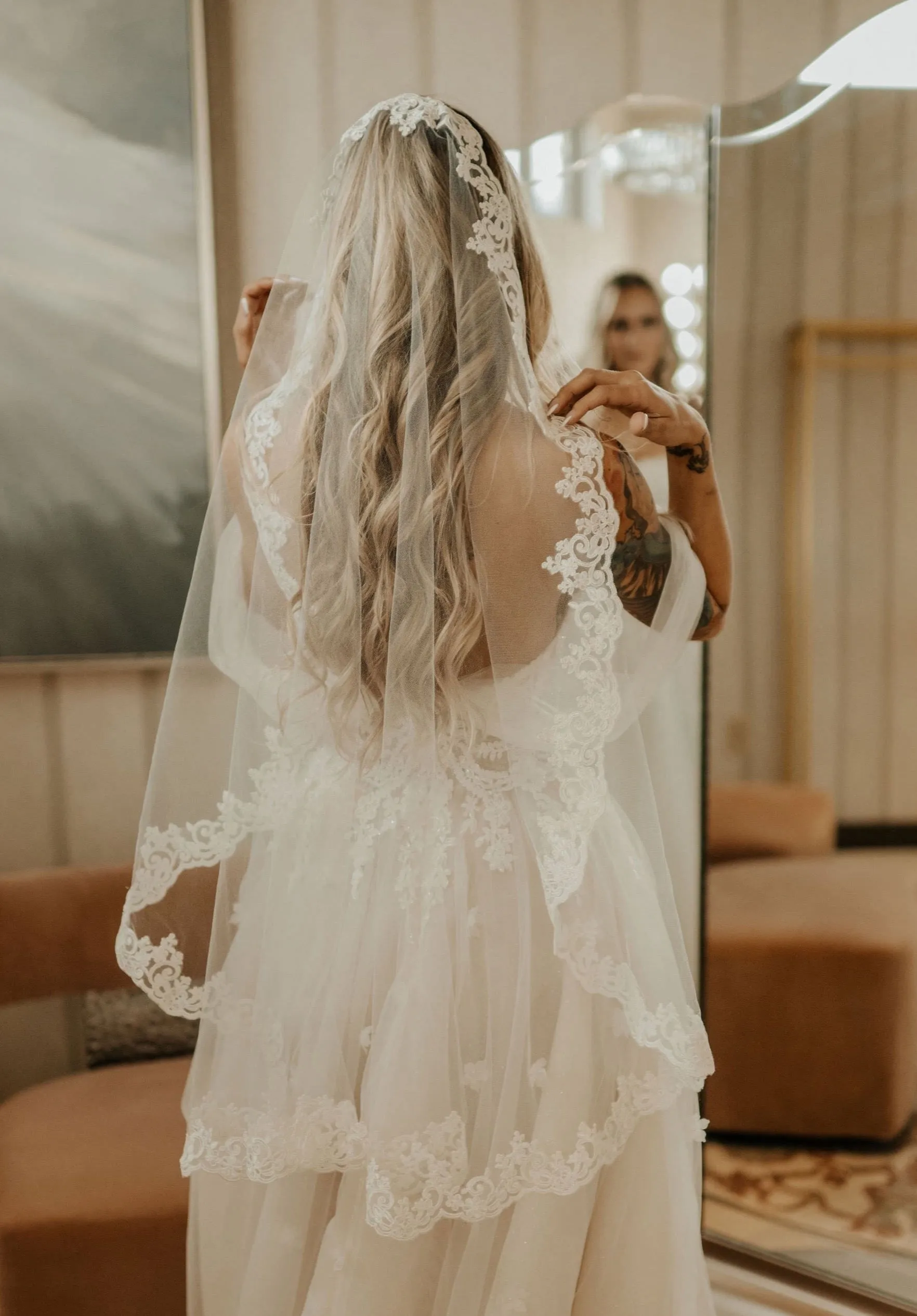 Fingertip Length Mantilla Wedding Veil with Lace Trim, Mid Length Bridal Veil
