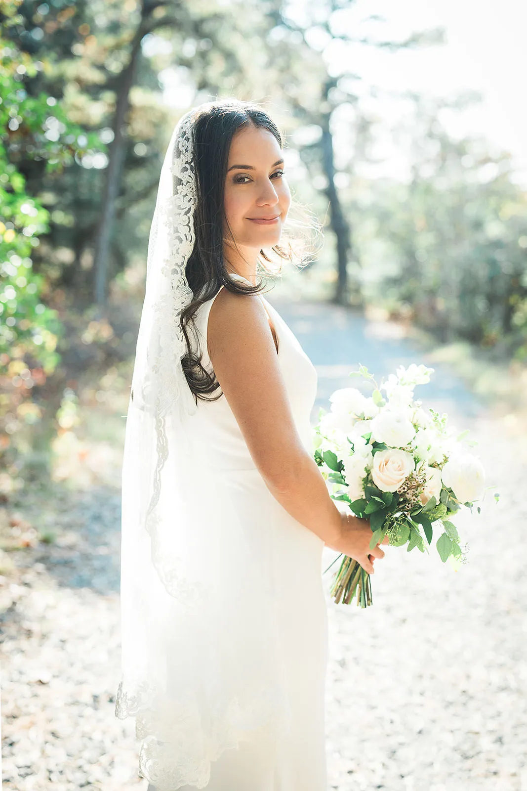 Fingertip Length Mantilla Wedding Veil with Lace Trim, Mid Length Bridal Veil