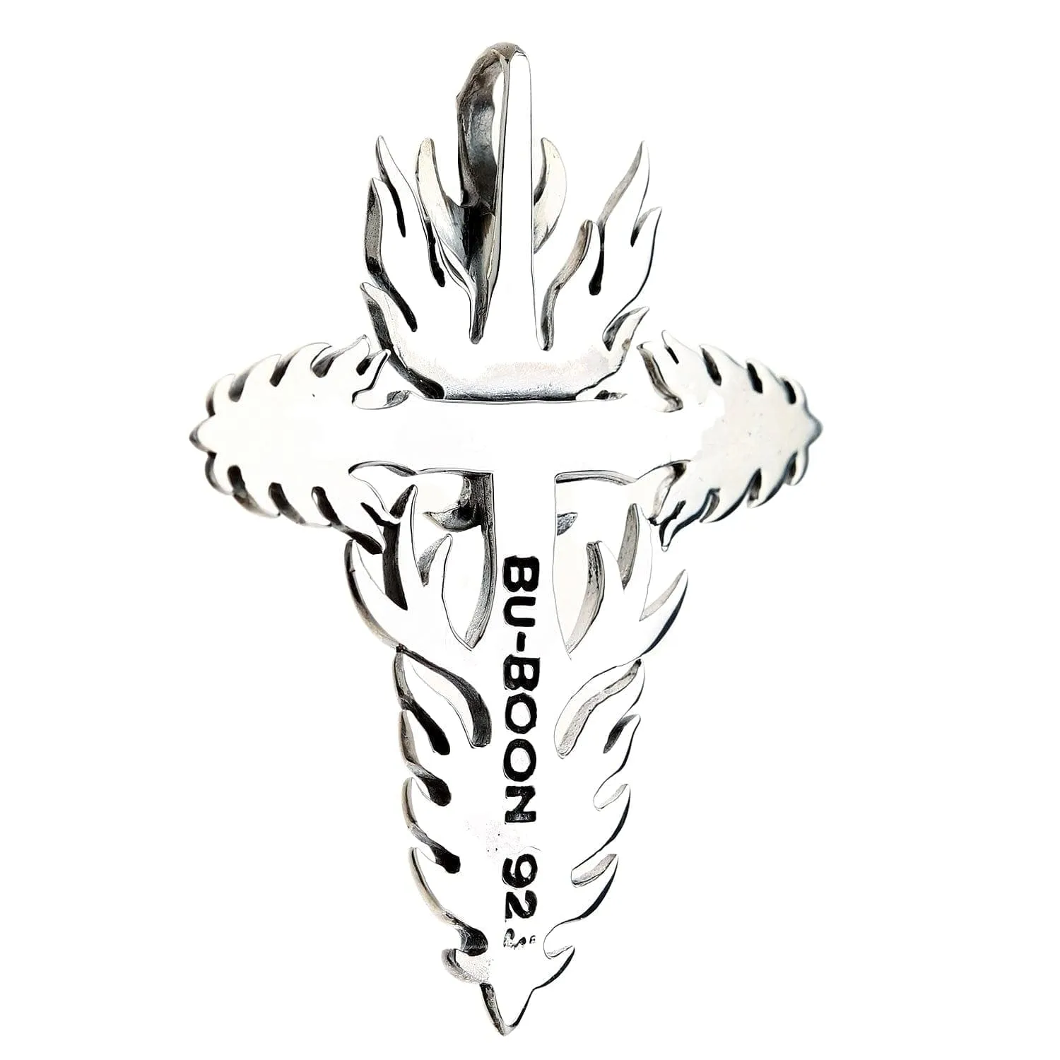 Flame Gothic Cross Skull Sterling Silver Biker Pendant
