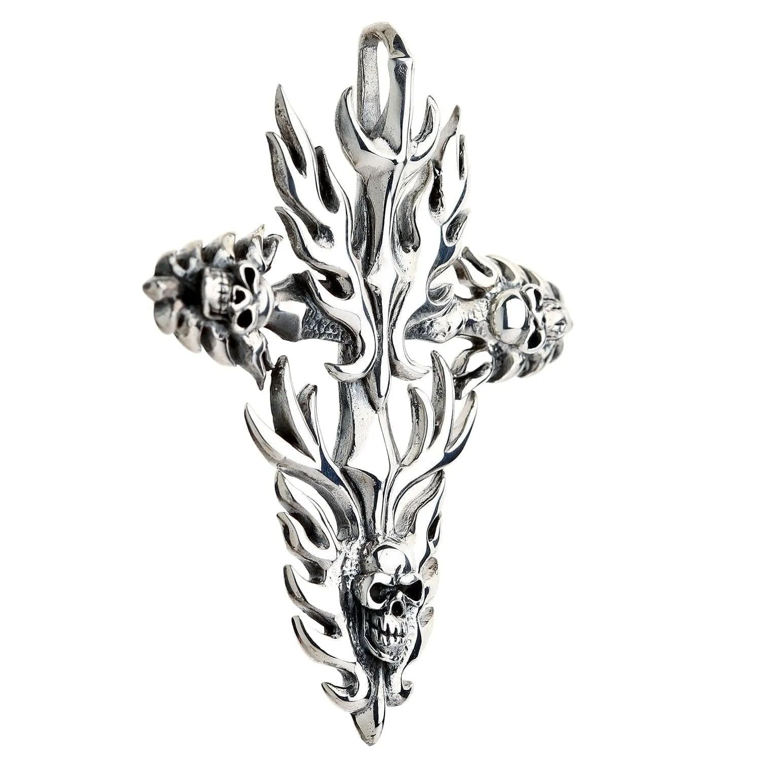 Flame Gothic Cross Skull Sterling Silver Biker Pendant