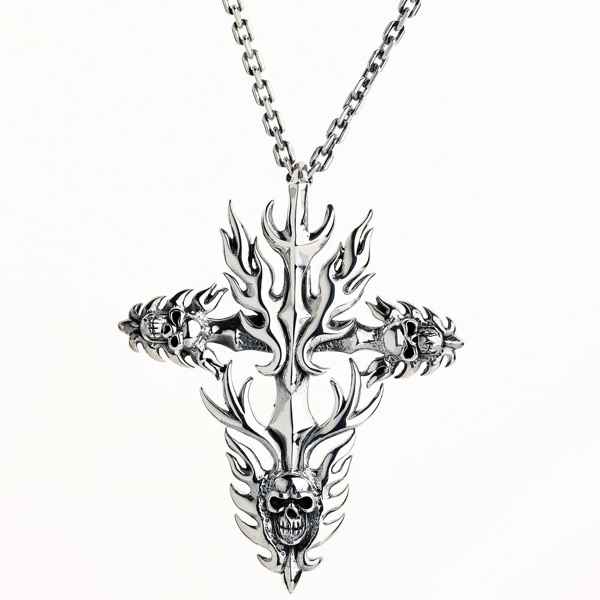 Flame Gothic Cross Skull Sterling Silver Biker Pendant