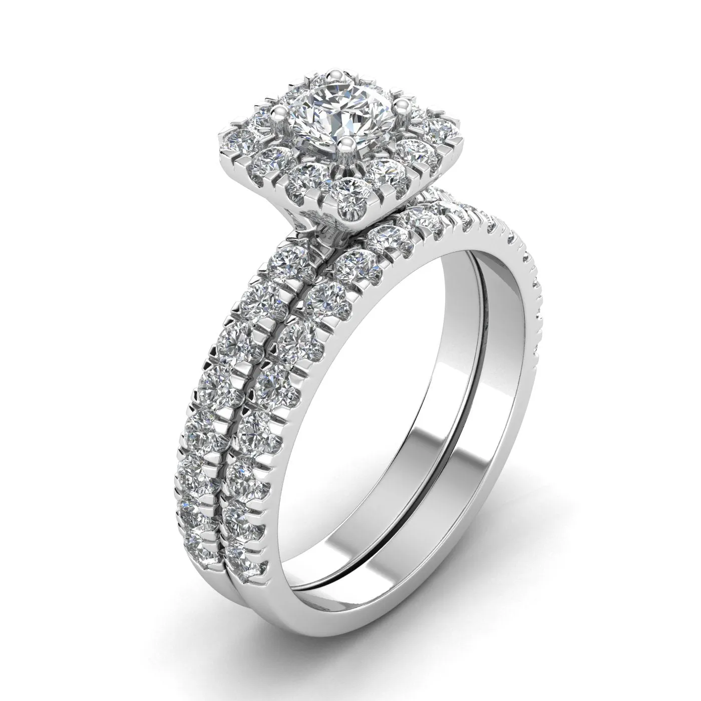 (F/SI) 1.50ctw Diamond Halo Engagement Ring Bridal Set in 10k White Gold
